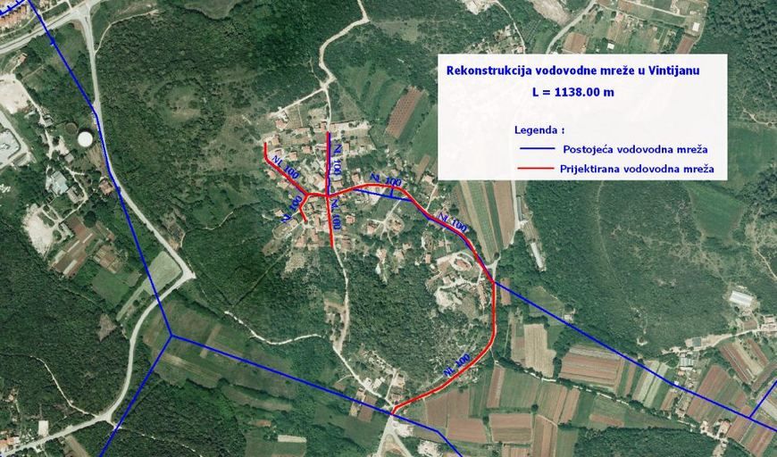 Ortofoto snimak postojeće i projektirane vodovodne mreže u Vintijanu,